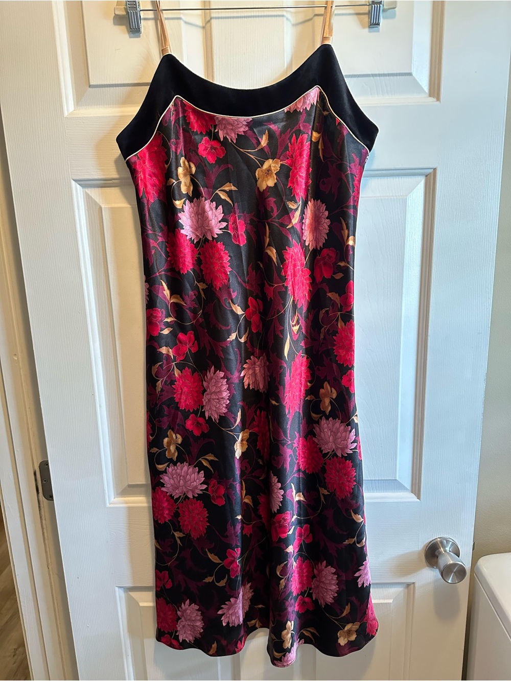 VTG Whimsigoth Halston Black Floral Satin Velvet Slip Dress Dark Romantic PL